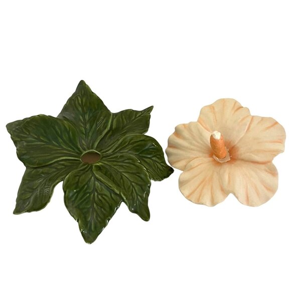 Handmade Hawaiian Ceramic Flower Tropical Hibiscus Peach Green Leaf Floral GIFT - Picture 2 of 10